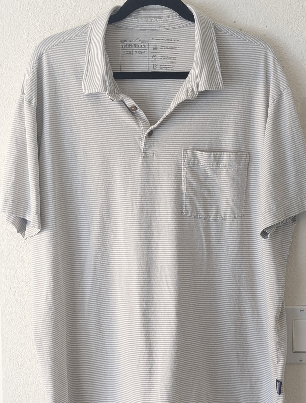 Patagonia Striped Polo Shirt XXL Gray White Cotton Pocket Short Sleeve
